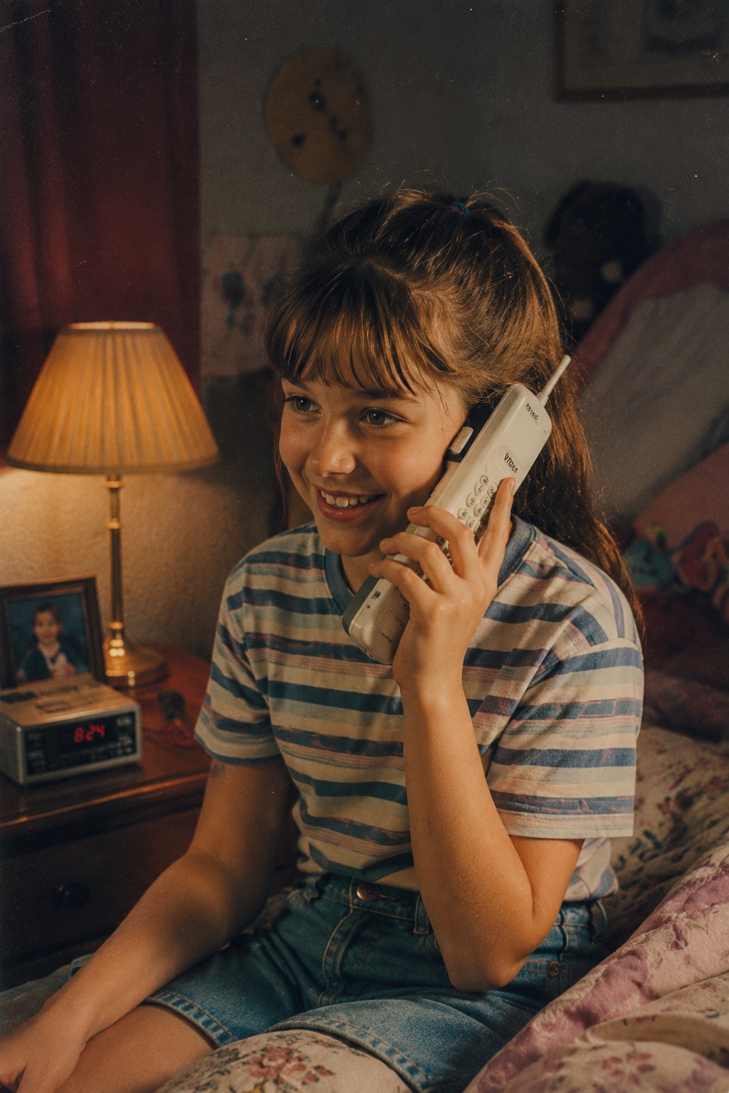 Child talking on a cordless phone in a bedroom