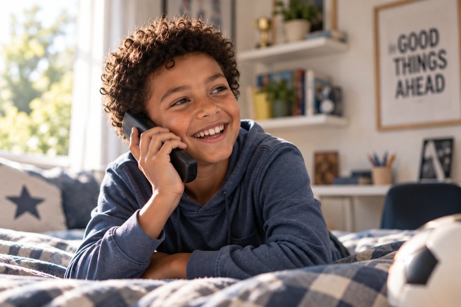 A boy on the handset in his bedroom