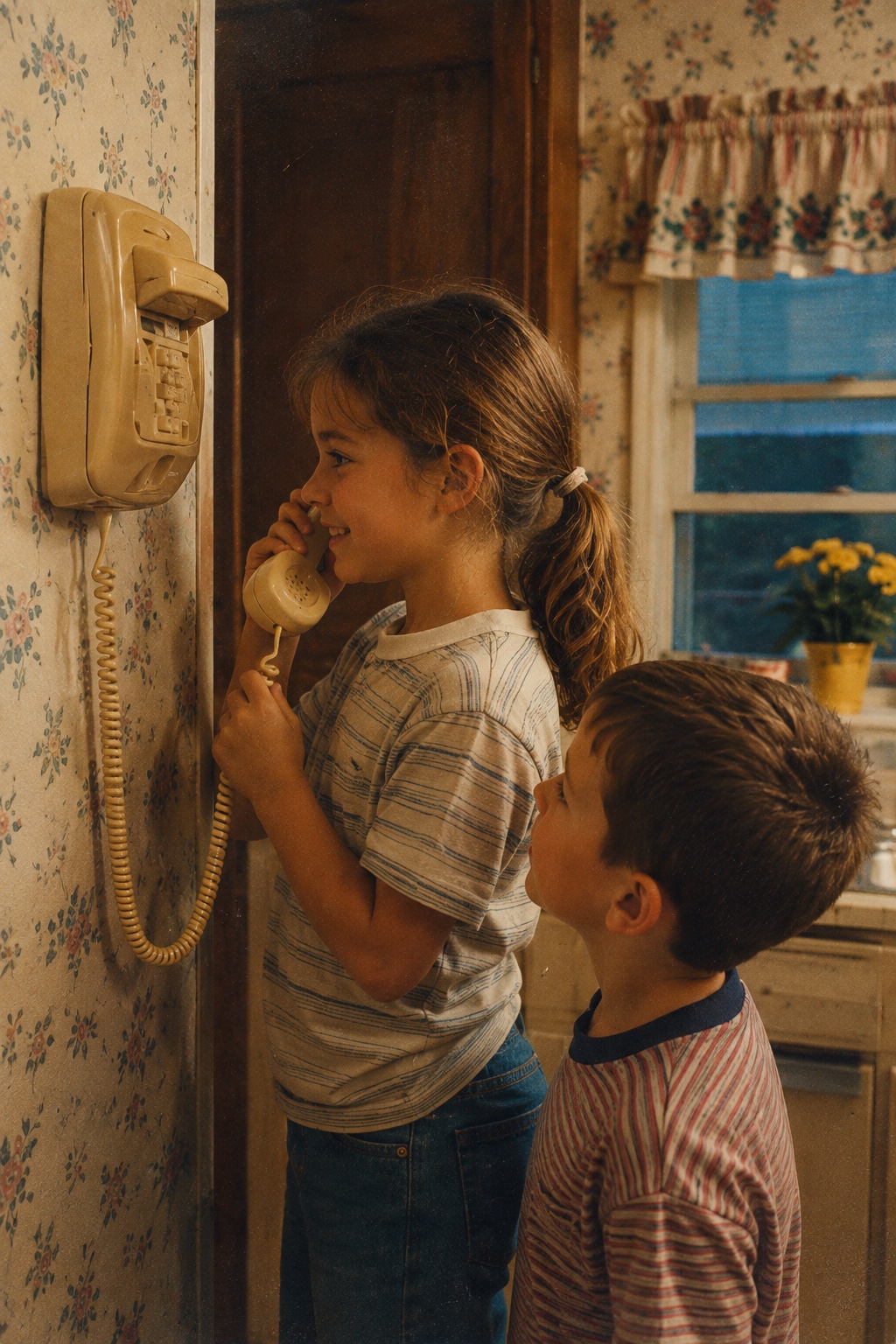 Child calling from a kitchen wall phone