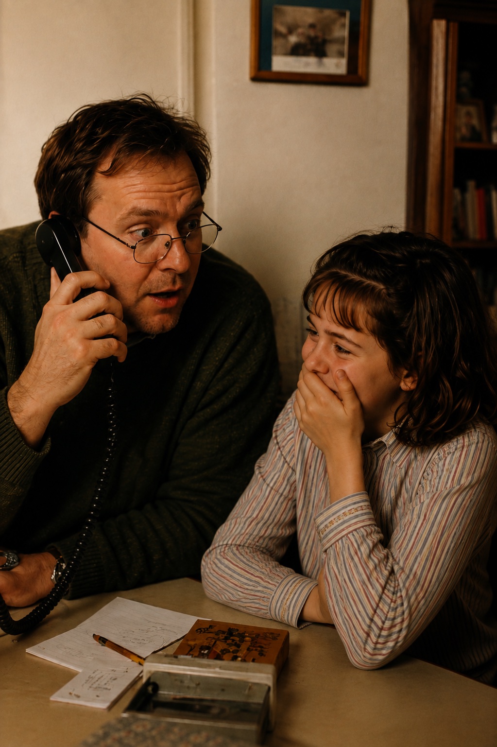 A grown-up and child laughing during a home phone call