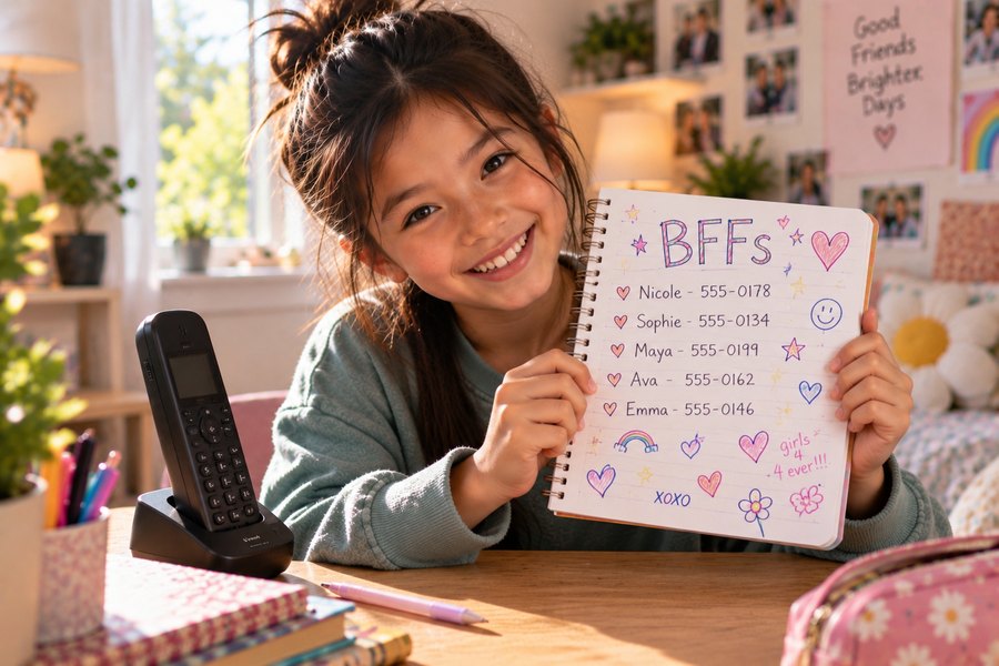 A girl holding up a notebook of handwritten friends&rsquo; phone numbers