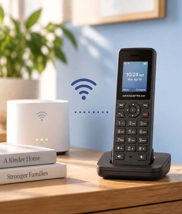 A Grandstream handset in its cradle beside a Wi-Fi router